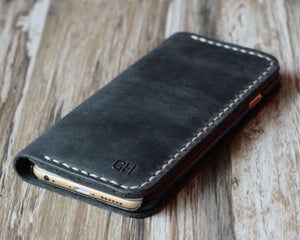 Personalized Leather iPhone Wallet Case - Distressed Gray