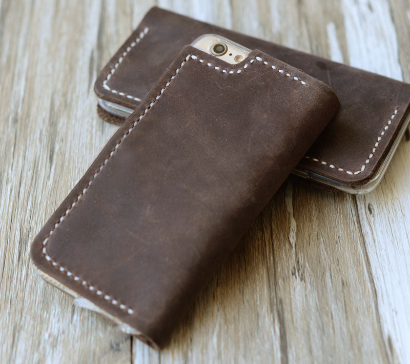 Personalized Leather iPhone Wallet Case - Distressed Brown