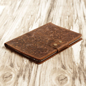 Handmade iPad Leather Portfolios With Apple Pencil Holder - Distressed Tooled Brown
