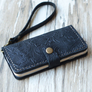 Tooled Leather iPhone Wallet Case - Black