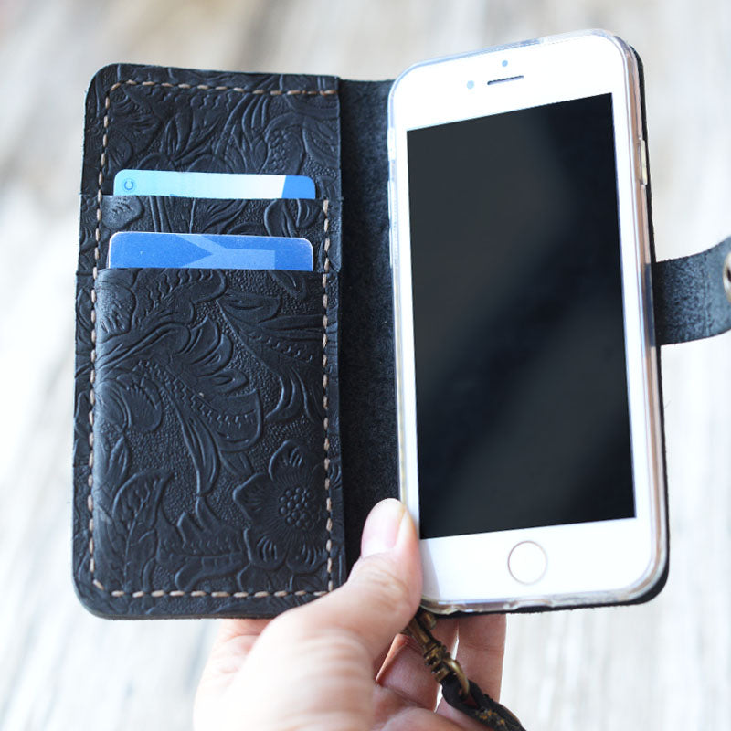Tooled Leather iPhone Wallet Case - Black