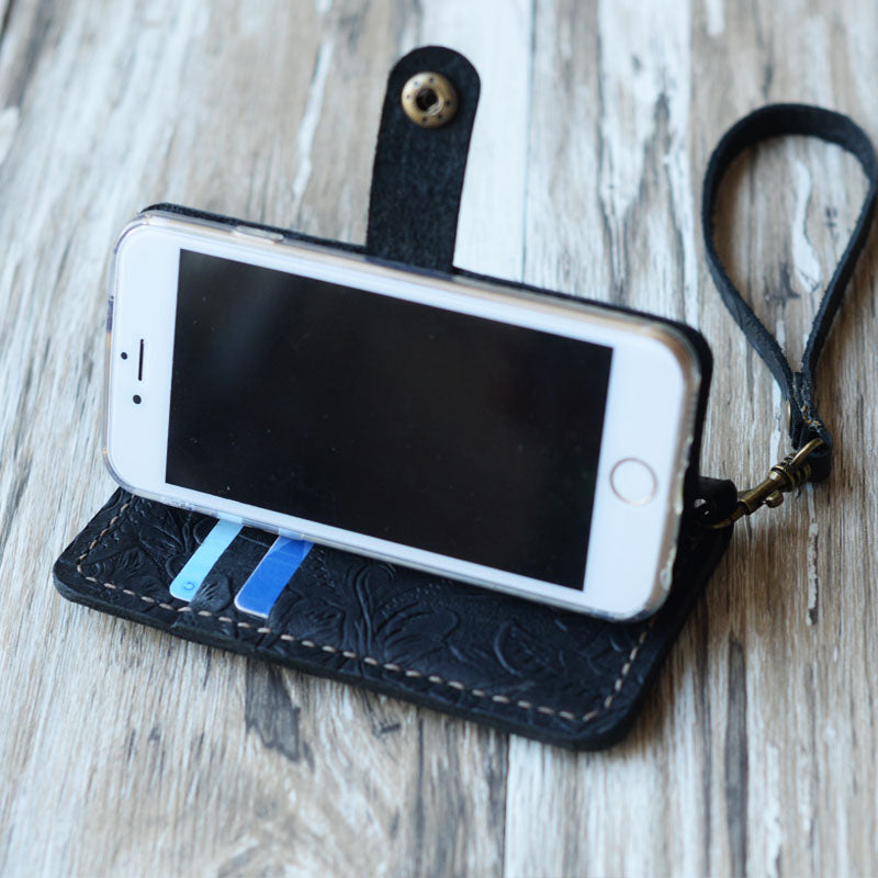 Tooled Leather iPhone Wallet Case - Black