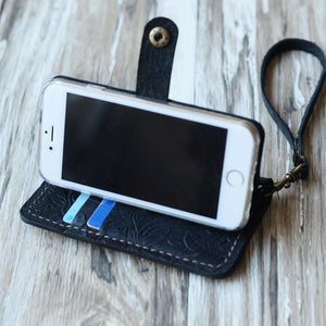 Tooled Leather iPhone Wallet Case - Black