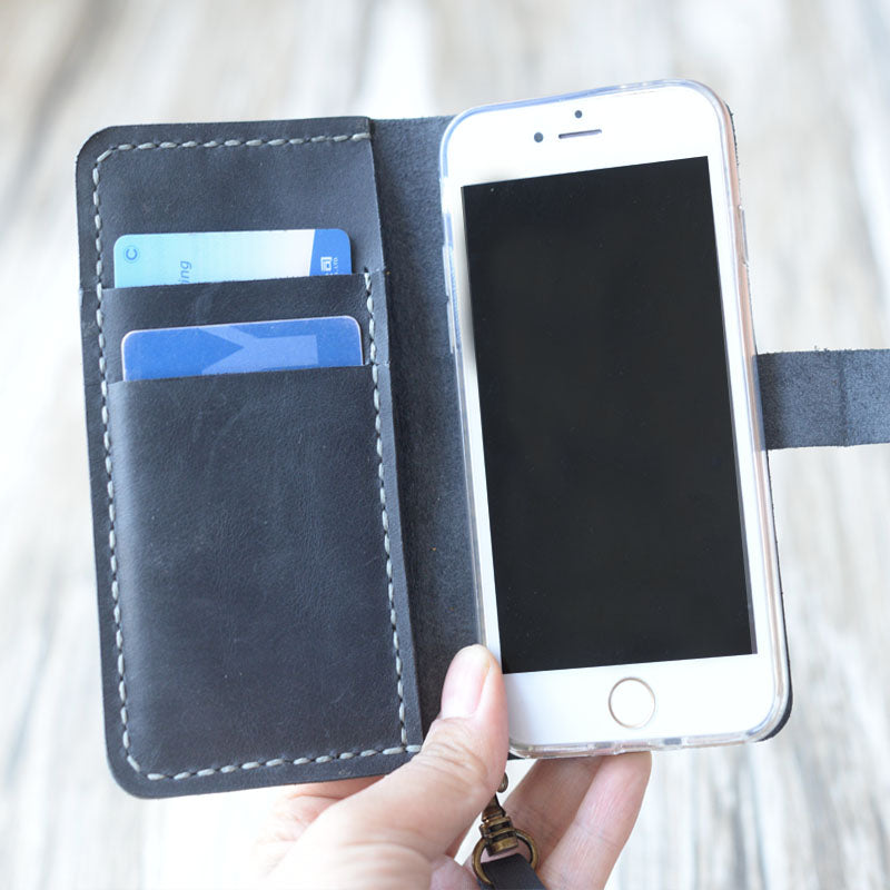 Leather iPhone Wristlet - Wallet Case- Distressed Gray - 408H