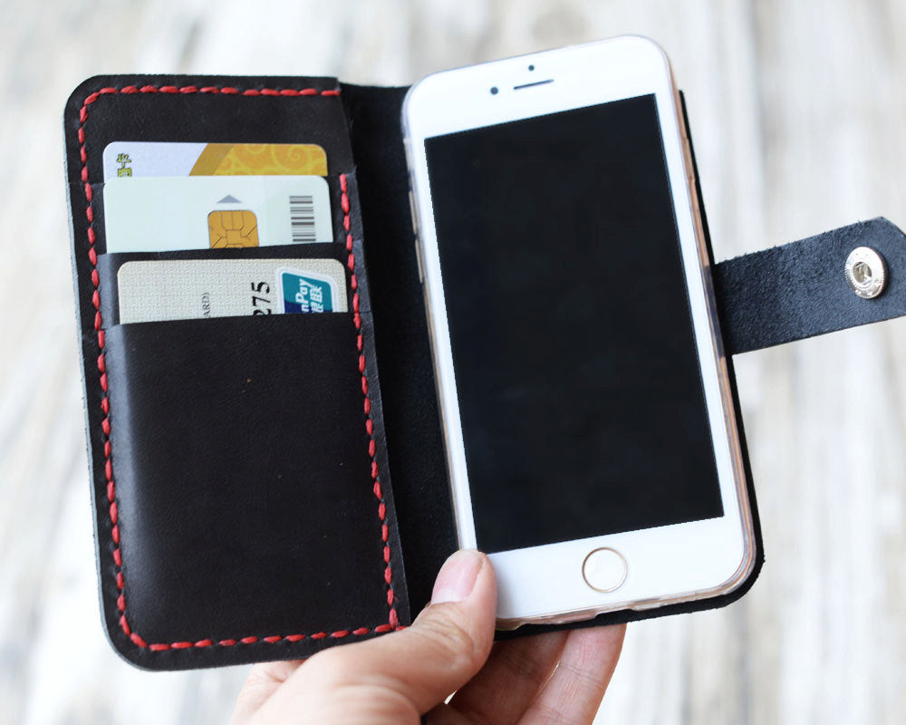 Leather iPhone Wallet Case - Handmade - Black