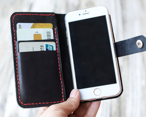 Leather iPhone Wallet Case - Handmade - Black