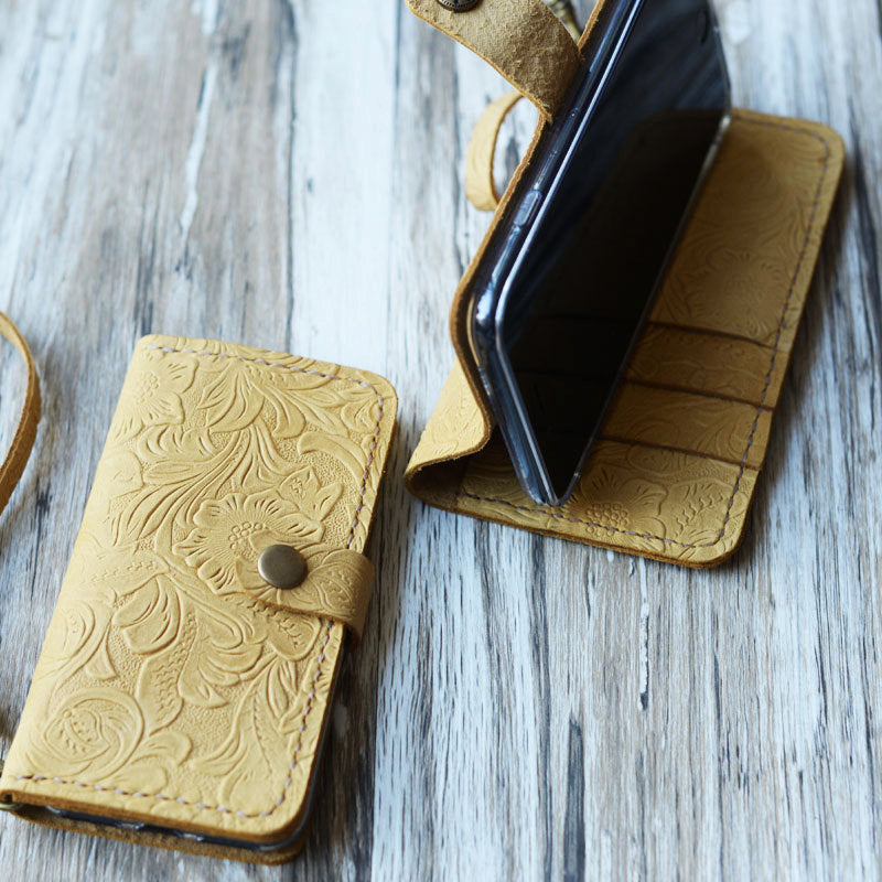 Tooled Leather iPhone Wallet Case - Tan