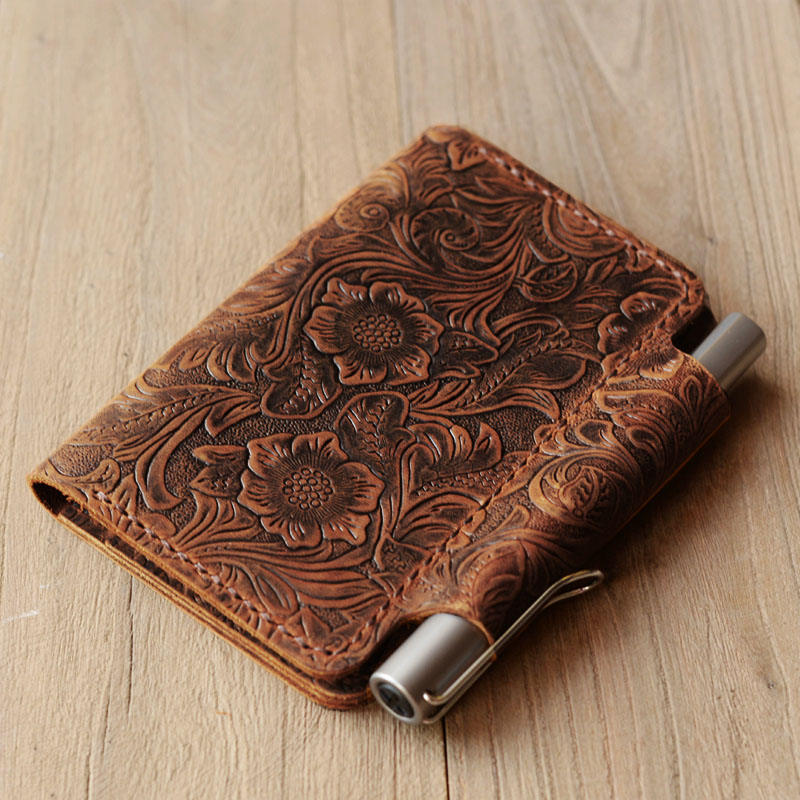 Handmade Field Notes Notebook Cover - Pocket Size - Distressed Tooled Brown | 302
