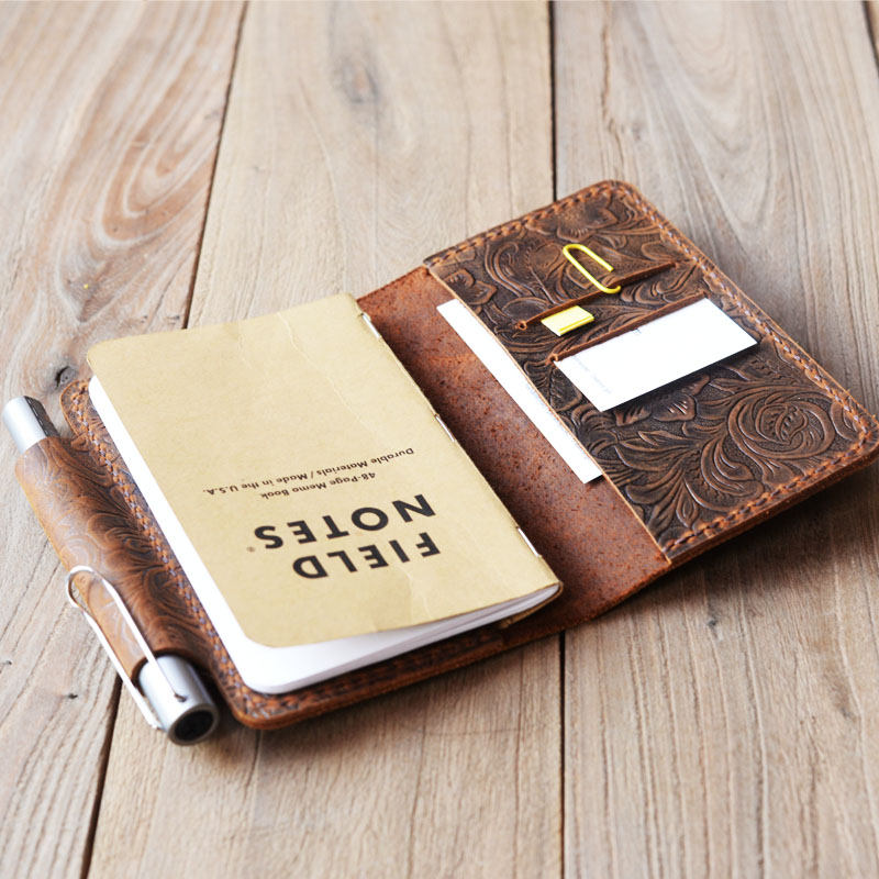 Handmade Field Notes Notebook Cover - Pocket Size - Distressed Tooled Brown | 302