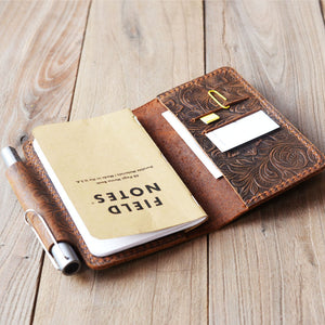 Handmade Field Notes Notebook Cover - Pocket Size - Distressed Tooled Brown | 302