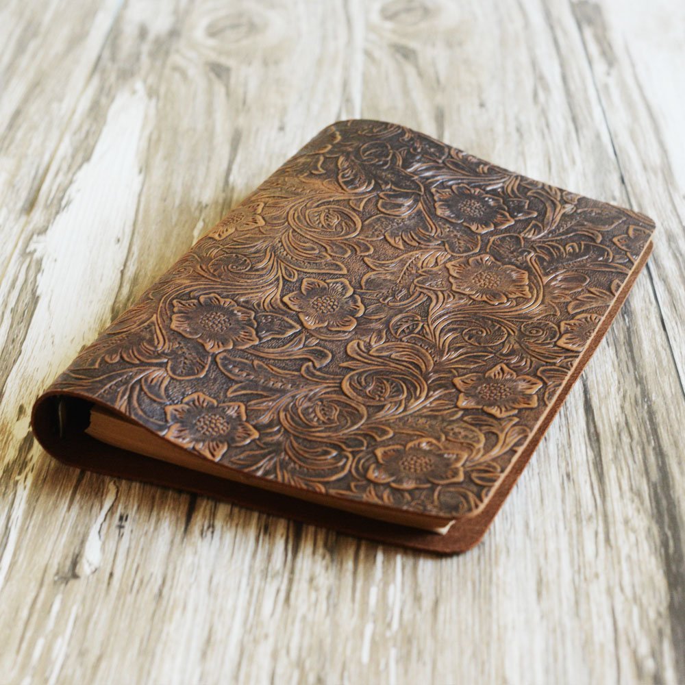 Distressed Tooled Leather 6 Ring Binder Refillable Notebook Cover
