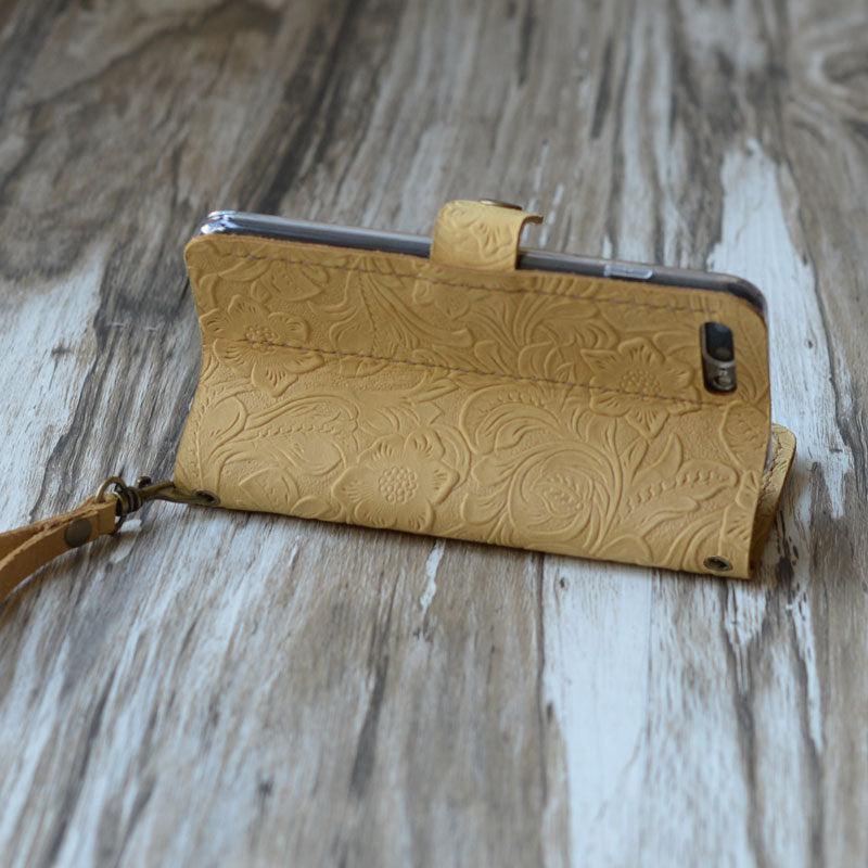 Tooled Leather iPhone Wallet Case - Tan