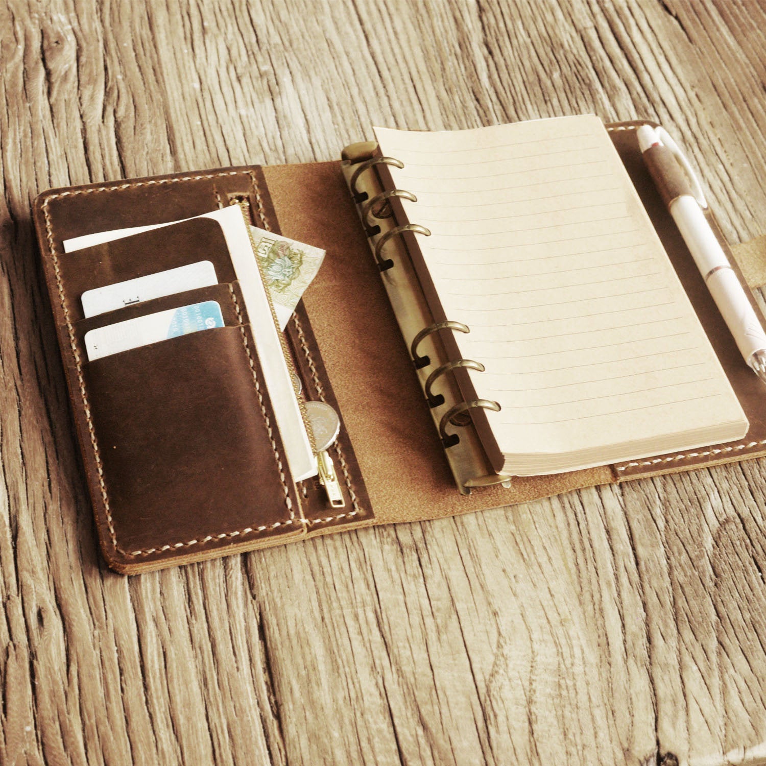 Leather Portfolio with Zipper Pocket - Filofax Personal Planner Cover