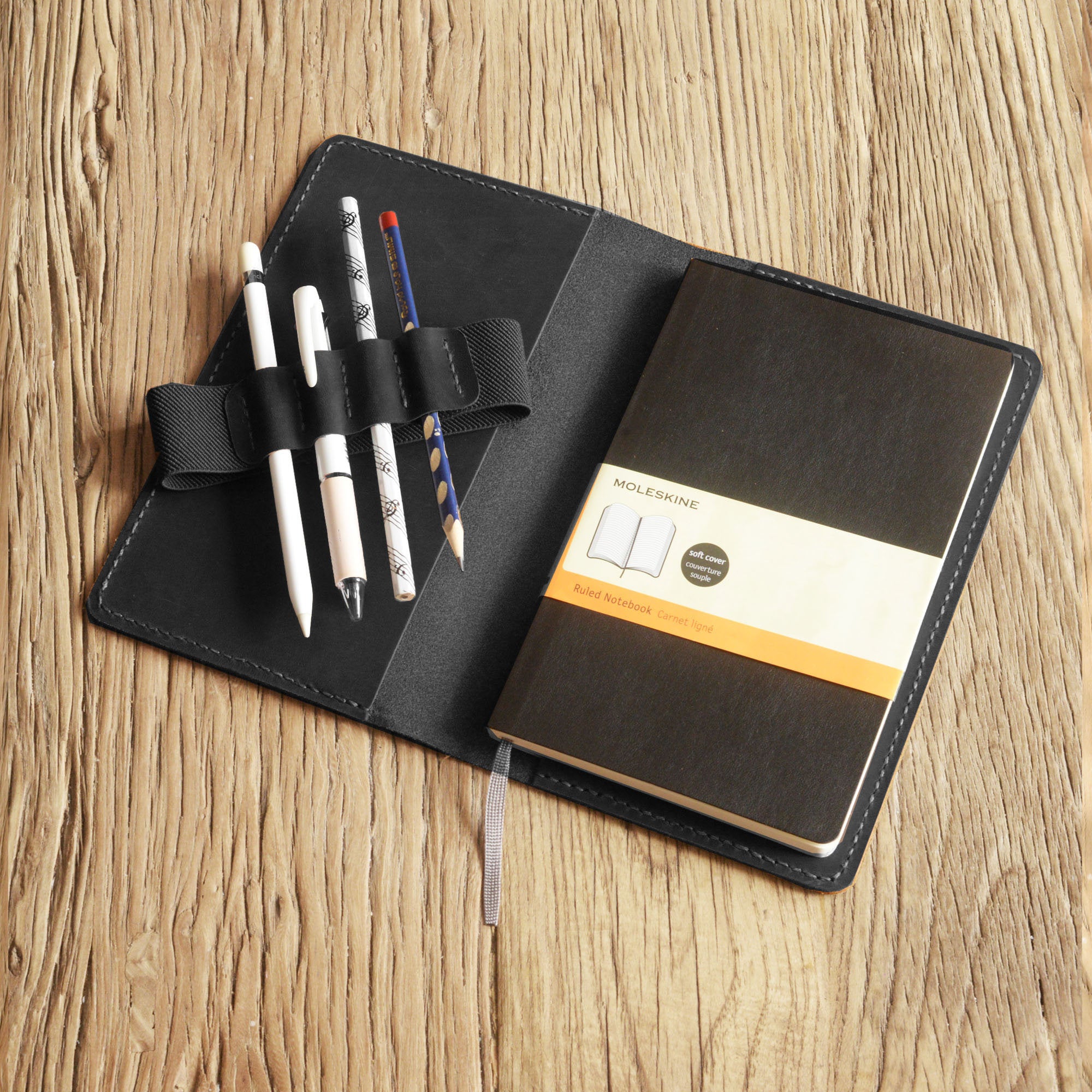 Personalized Leather Cover for Classic Moleskine Large size - Black