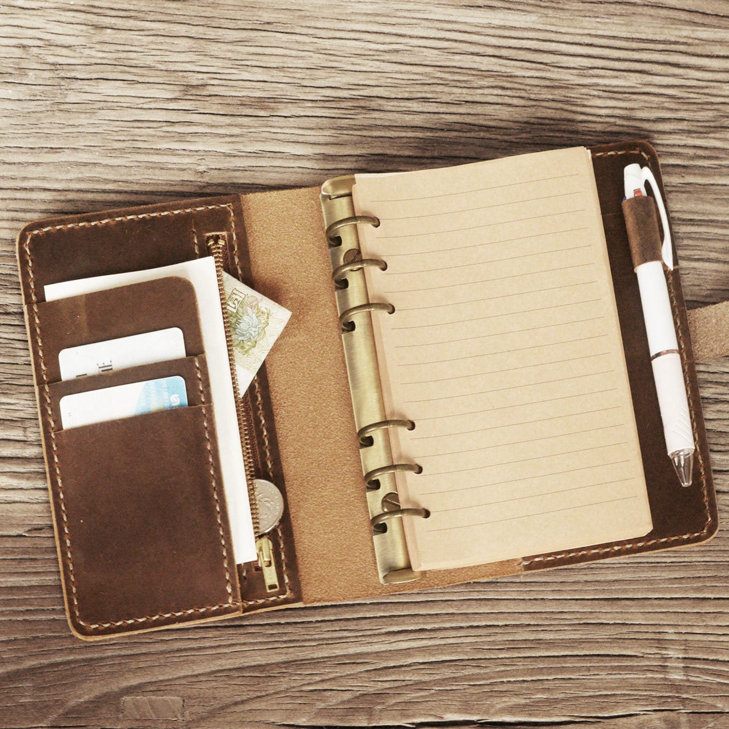 Leather Portfolio with Zipper Pocket - Filofax Personal Planner Cover