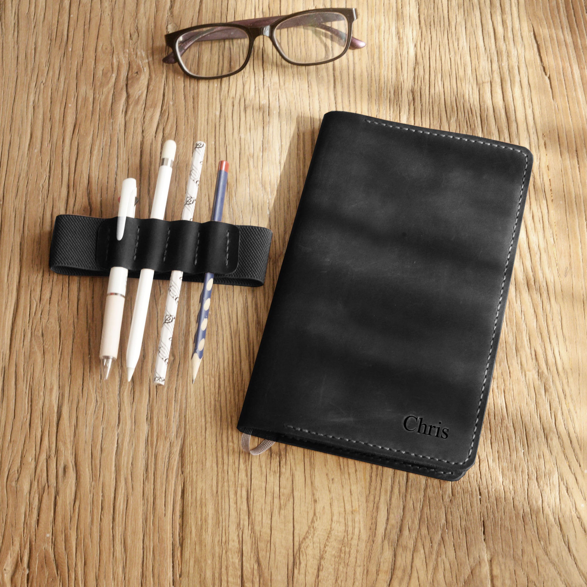 Personalized Leather Cover for Classic Moleskine Large size - Black