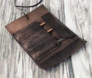 Leather Pencil Case Roll - Distressed Brown