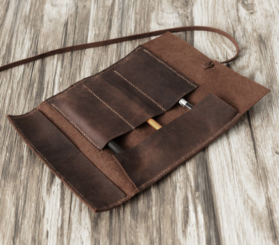 Leather Pencil Case Roll - Distressed Brown
