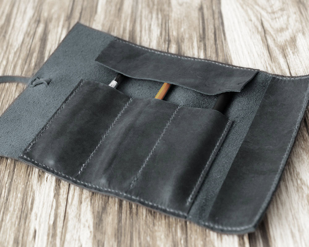 Leather Pencil Case Roll - Distressed Grey
