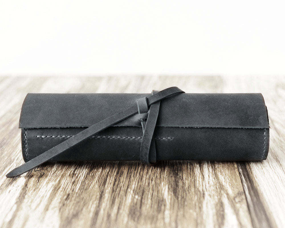 Leather Pencil Case Roll - Distressed Grey