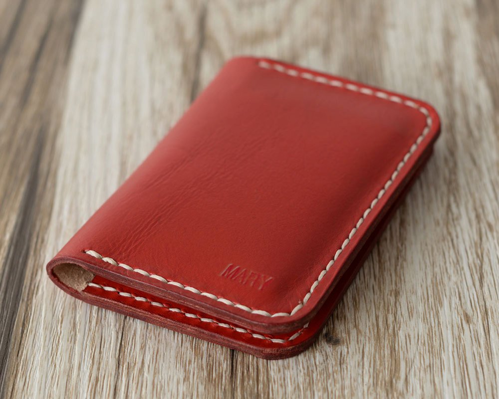 Personalized Leather Business Card Holder - Red