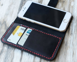 Leather iPhone Wallet Case - Handmade - Black