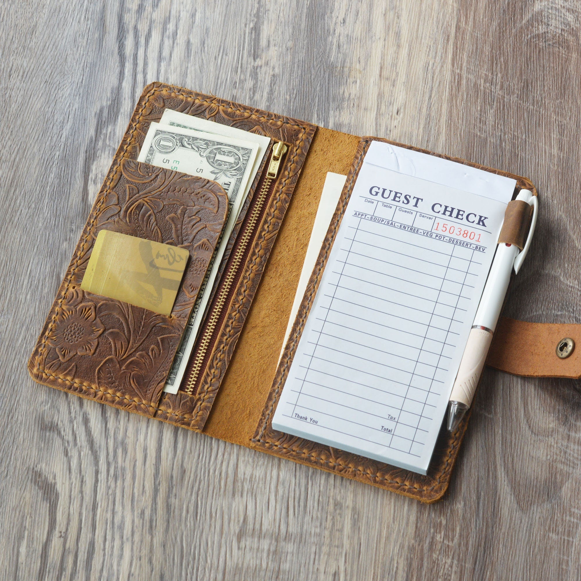 Server Book Organizer with Zipper Pocket - Tooled Leather - 318 Tooled Brown Server Book Organizer with Zipper Pocket - Tooled Leather - 318 Tooled Brown