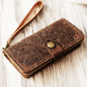 Tooled Leather iPhone Wallet Case - Brown