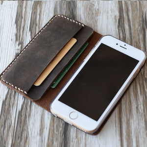 Personalized Leather iPhone Wallet Case - Distressed Brown