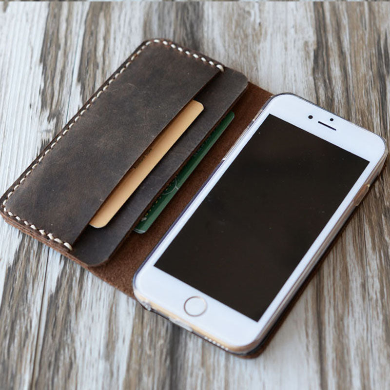 Personalized Leather iPhone Wallet Case Distressed Brown 403