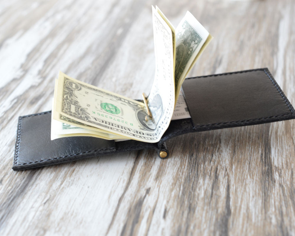 Leather Money Clip Billfold Wallet - Black 