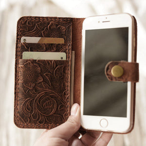 Tooled Leather iPhone Wallet Case - Brown