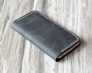 Personalized Leather iPhone Wallet Case - Distressed Gray