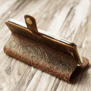 Tooled Leather iPhone Wallet Case - Brown