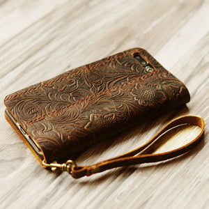 Tooled Leather iPhone Wallet Case - Brown