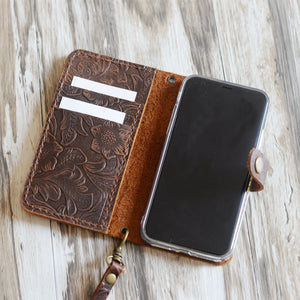 Tooled Leather iPhone Wallet Case - Brown