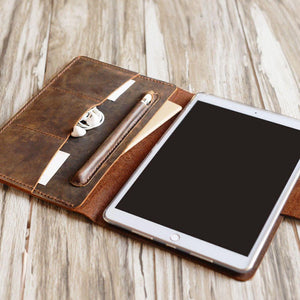 Handmade iPad Leather Portfolios With Apple Pencil Holder - Distressed Brown