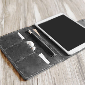 Handmade iPad Leather Portfolios With Apple Pencil Holder - Grey 
