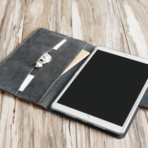 Handmade iPad Leather Portfolios With Apple Pencil Holder - Grey  - 601B