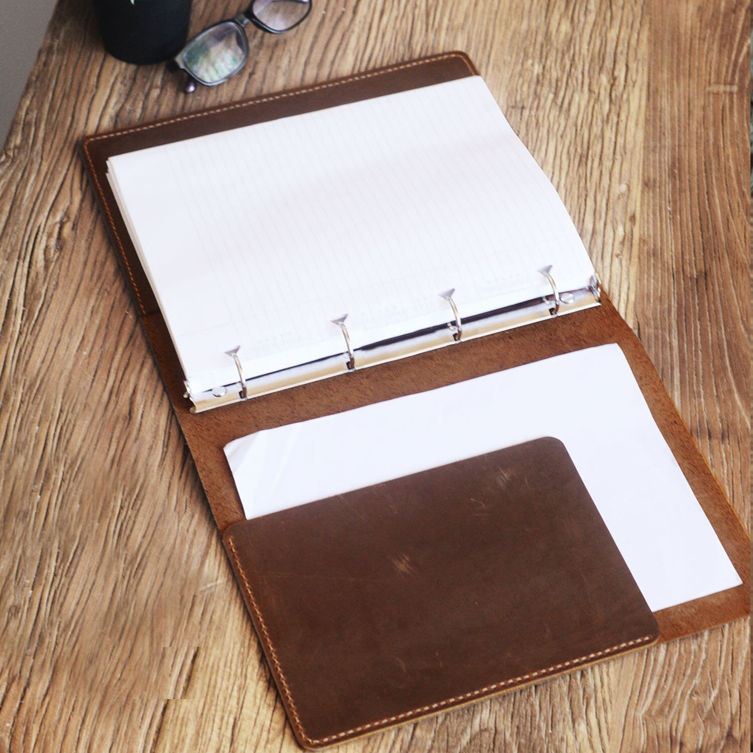 Rustic Leather Organizer Laptop Portfolio with 3-Ring Binder for 15 in