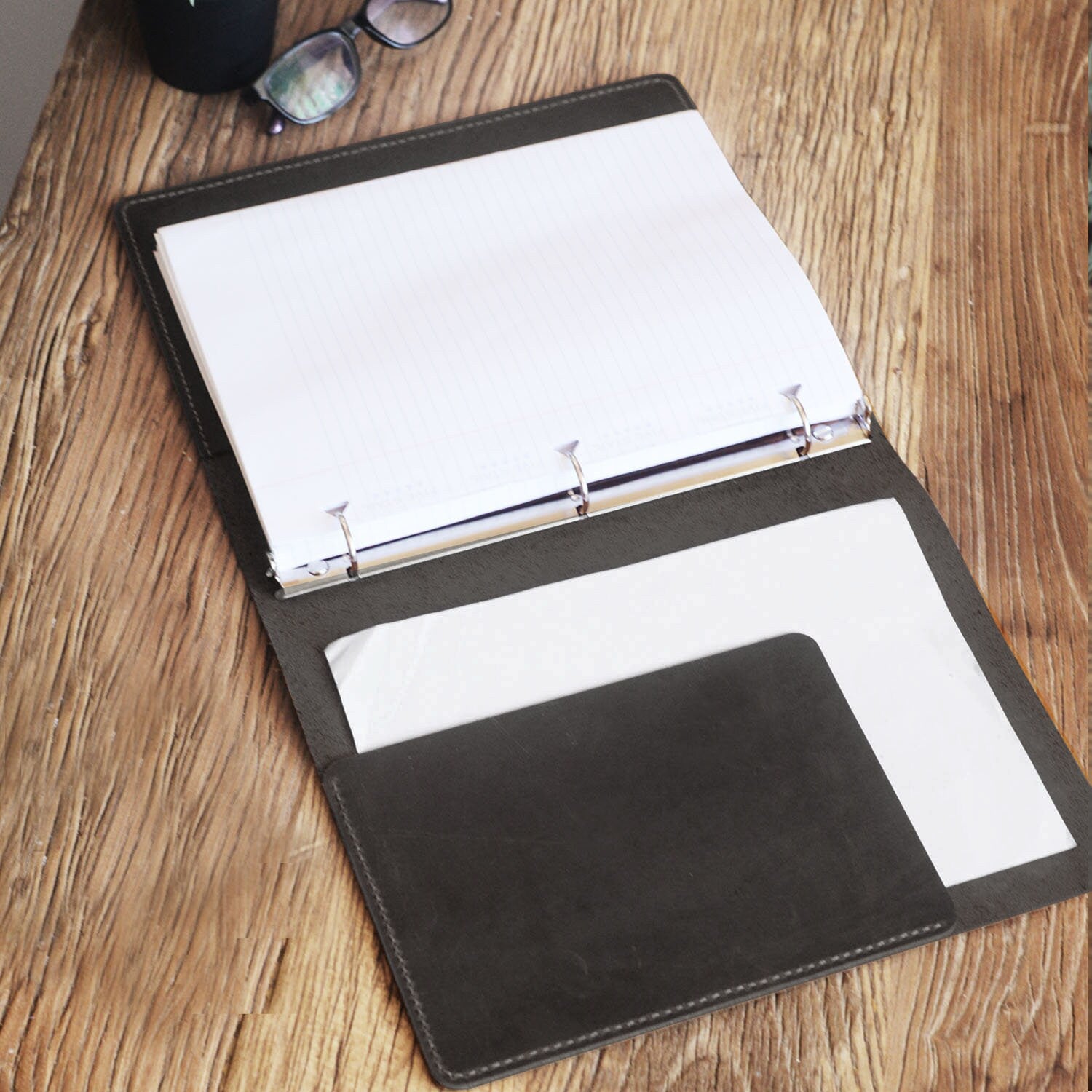 Leather 3 Ring Binder Business Portfolio Folders with Pockets - Black -  Extra Studio