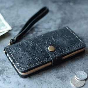 Tooled Leather iPhone Wallet Case - Black