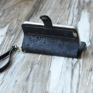 Tooled Leather iPhone Wallet Case - Black
