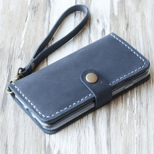 Leather iPhone Wristlet - Wallet Case- Distressed Gray - 408H