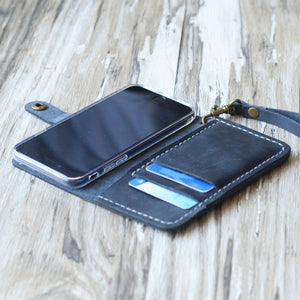 Leather iPhone Wristlet - Wallet Case- Distressed Gray - 408H
