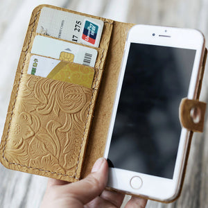 Tooled Leather iPhone Wallet Case - Tan