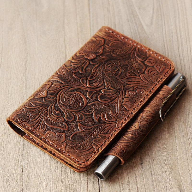 Handmade Field Notes Notebook Cover - Pocket Size - Distressed Tooled Brown | 302