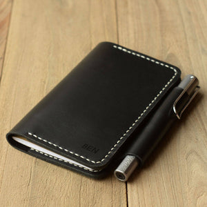 Refillable genuine Leather Journal Cover for pocket size field notes notebook pen holder card slots / fit 3.5 x 5.5 field notes - Black - 302