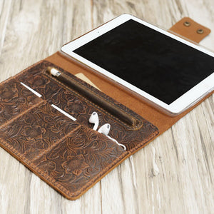 Copy of Handmade iPad Leather Portfolios With Apple Pencil Holder - 601B - Distressed Tooled Brown