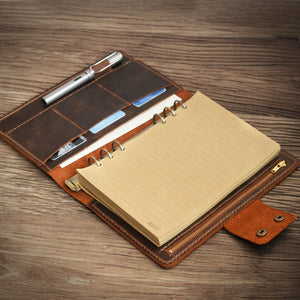 Leather Zipper Binder with Pen Loop and Card Pocket - Distressed Brown